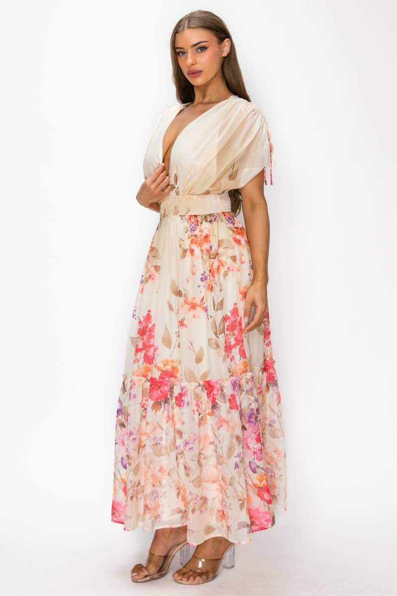 Floral Chiffon Surplice Maxi Dress with Smocked Waist