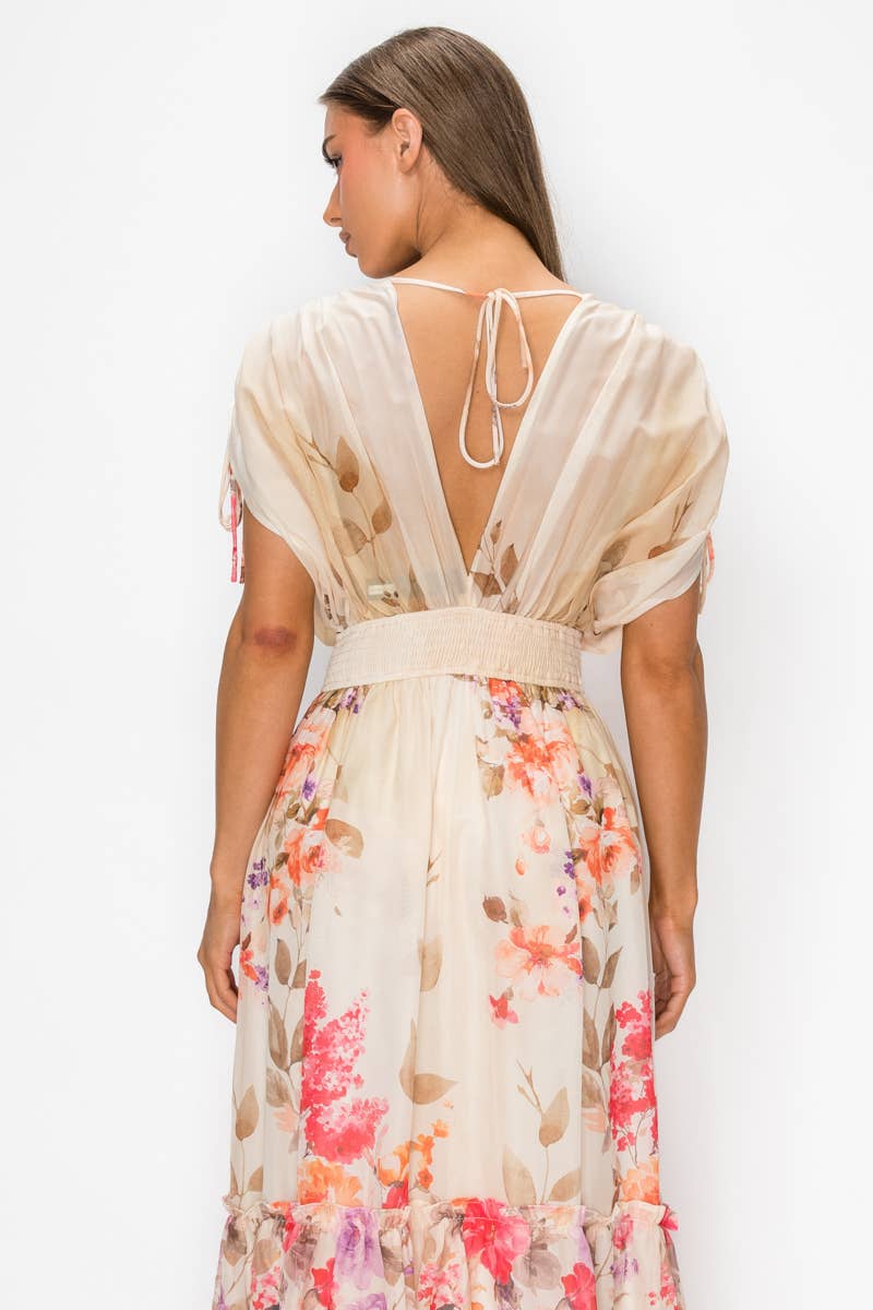 Floral Chiffon Surplice Maxi Dress with Smocked Waist