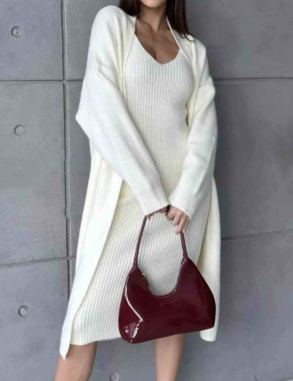 Ladies Solid Color Knit Midi Dress & Cardigan 2PCS Set