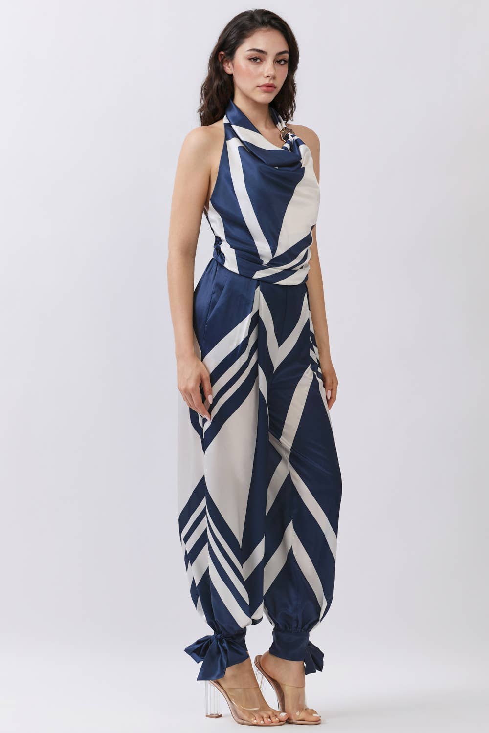 Satin Halter Neck Top & Wide-Leg Pants Set