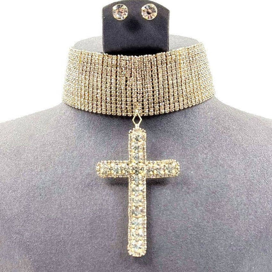 Sparkling Huge Cross Choker Rhinestone Necklace