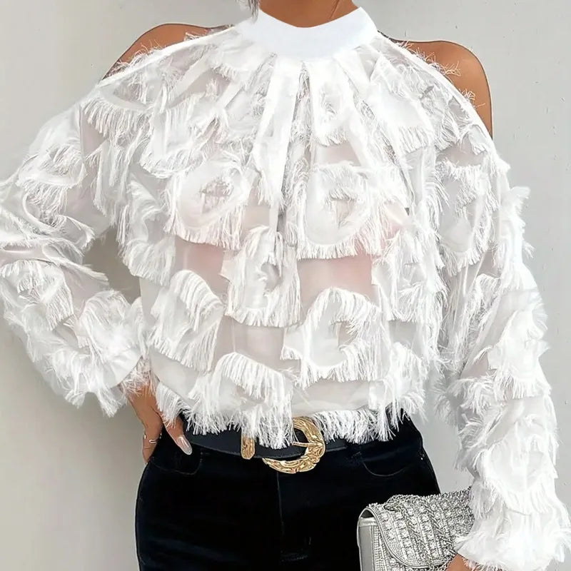 KEXU Women Tassel Sheer Raglan Sleeve Blouse and Shirt Tops 2025 Elegant Summer Streetwear Night Club Party Beach Tops