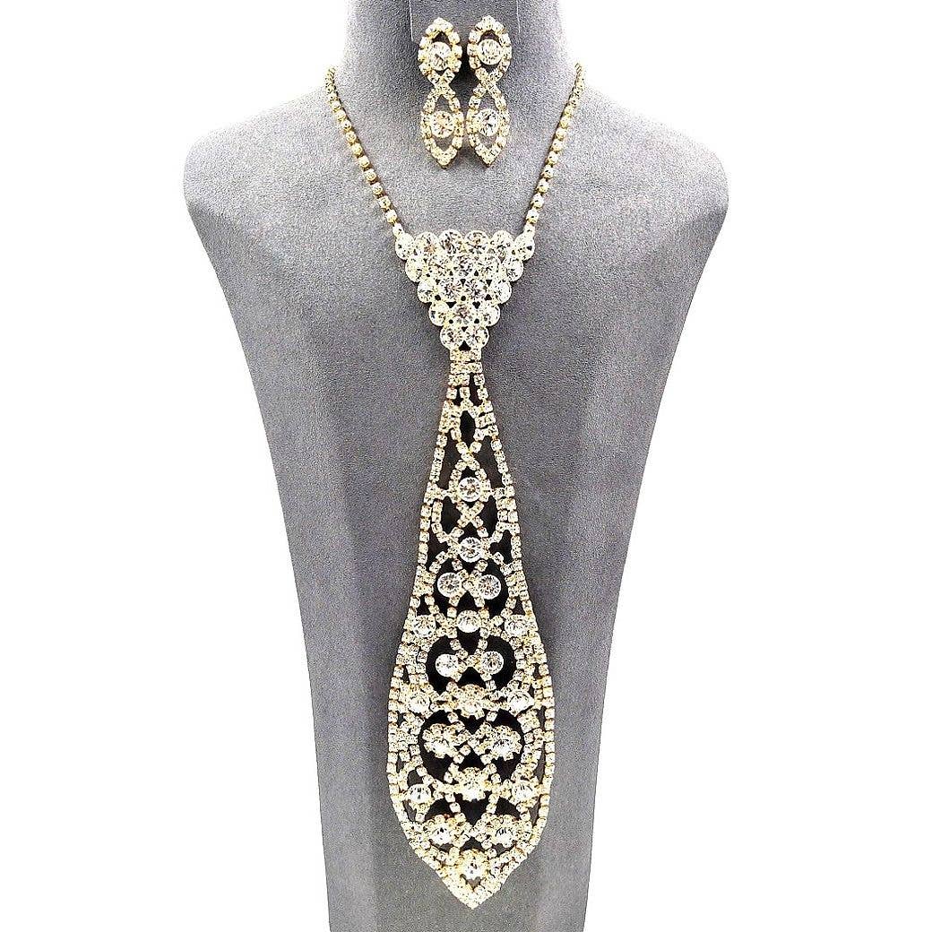 Neck Tie Jewelry Flower Rhinestone Necklace Set