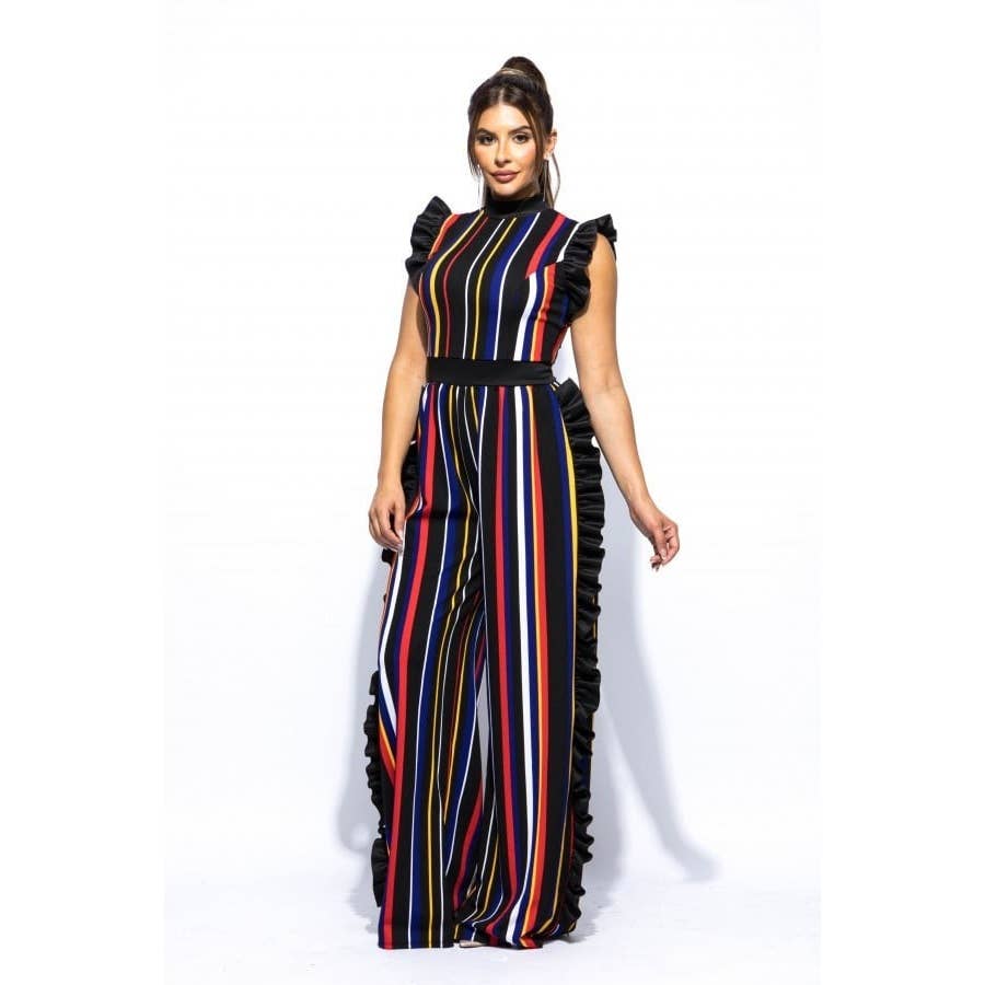 Plus Color Striped Jumpsuit with ruffle