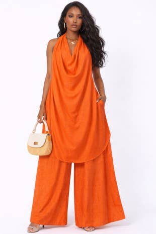 Sleeveless Draped Halter Top And Wide Leg Pants Set