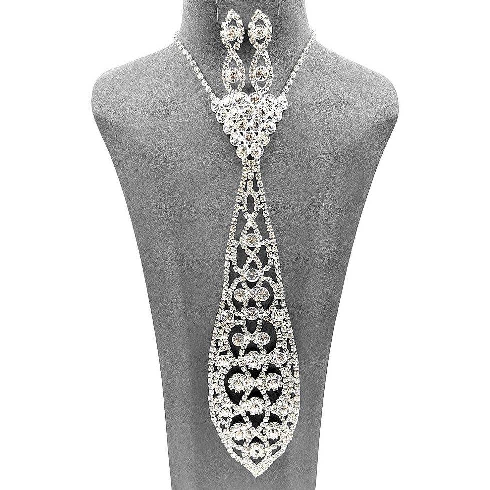 Neck Tie Jewelry Flower Rhinestone Necklace Set