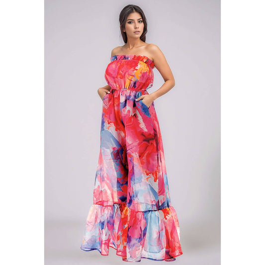 Plus Size Strapless Ruffle Hem Wide Leg Palazzo Jumpsuit