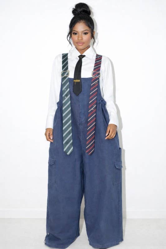 Stripe Tie Strap Detail Denim Wide Leg Jumpsuit