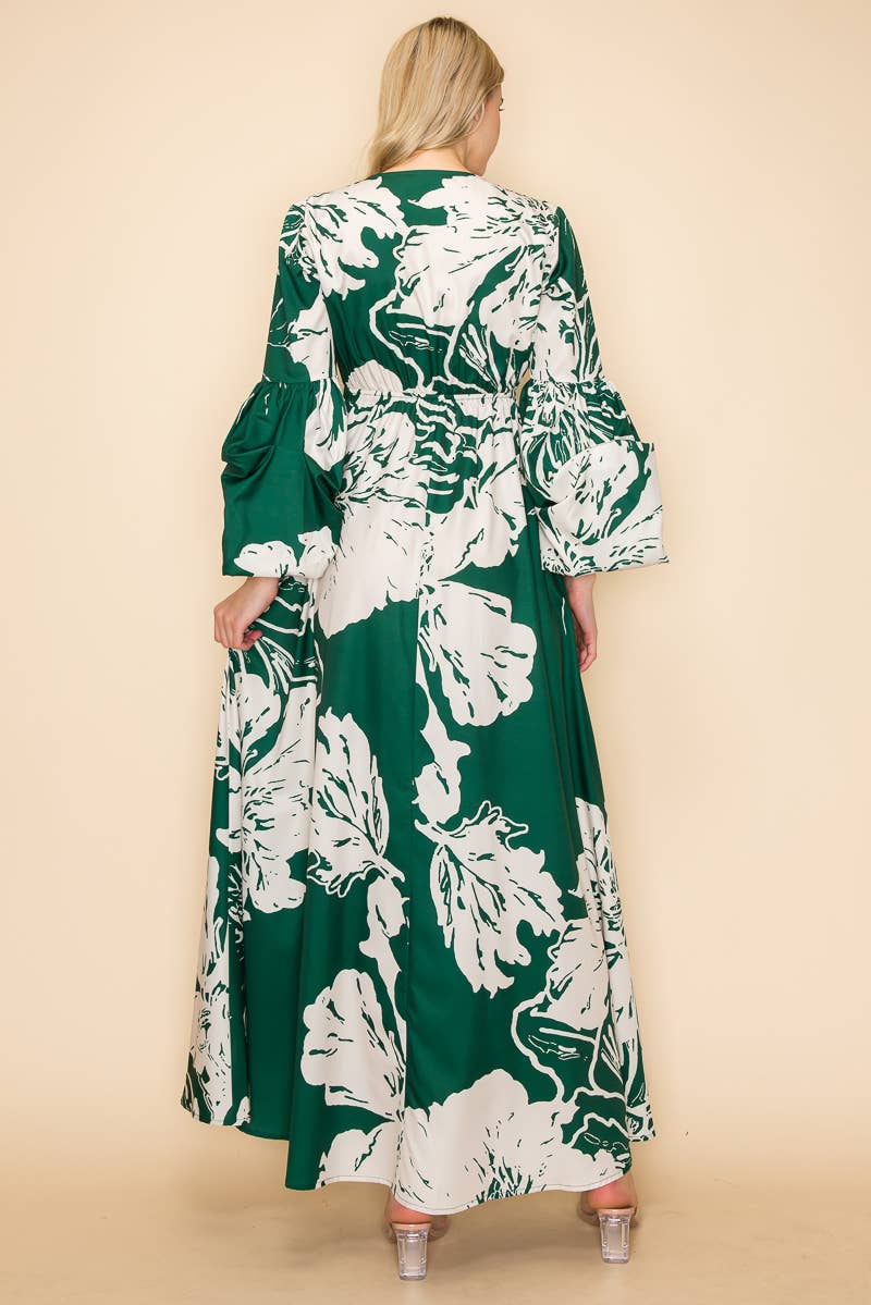 PRINTED V NECK MAXI DRESS