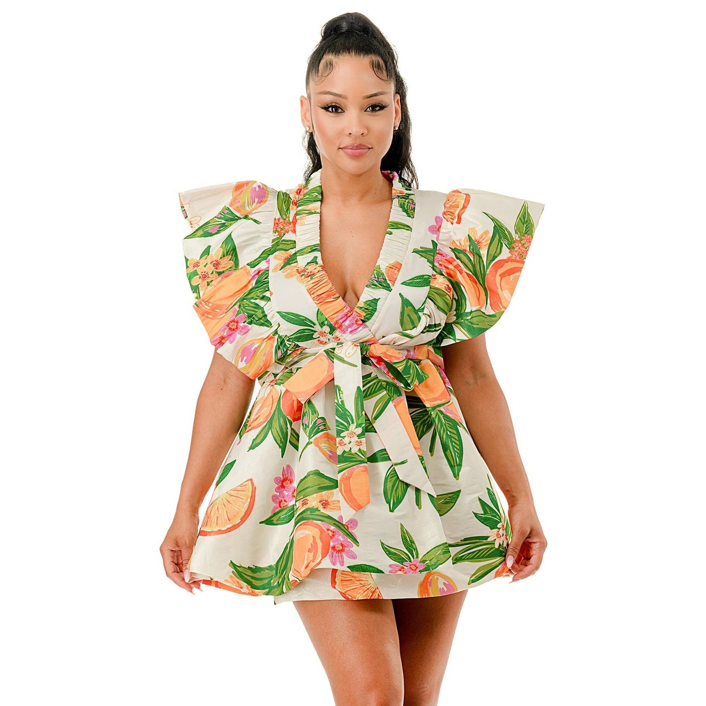 Deep VNeck Ruffle Sleeve Waist Tie Wrap Mini Dress