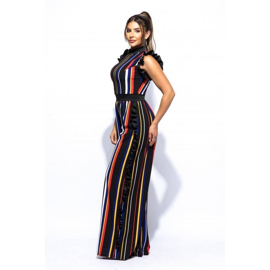 Plus Color Striped Jumpsuit with ruffle
