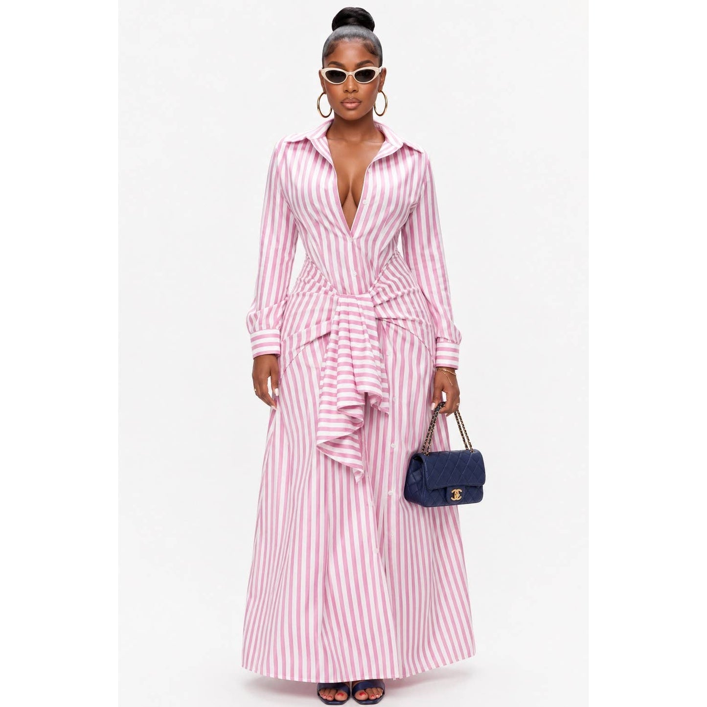 Pinstripe Woven Shirt Tie Waist Maxi Dress