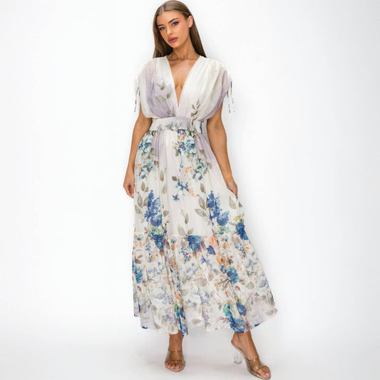 Floral Chiffon Surplice Maxi Dress with Smocked Waist