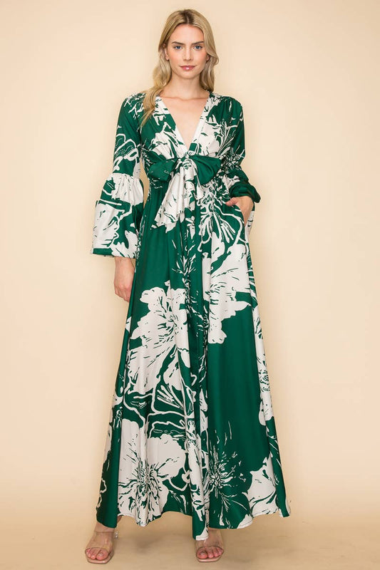 PRINTED V NECK MAXI DRESS