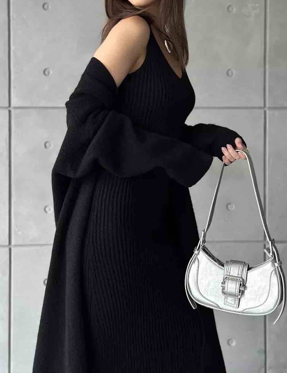 Ladies Solid Color Knit Midi Dress & Cardigan 2PCS Set