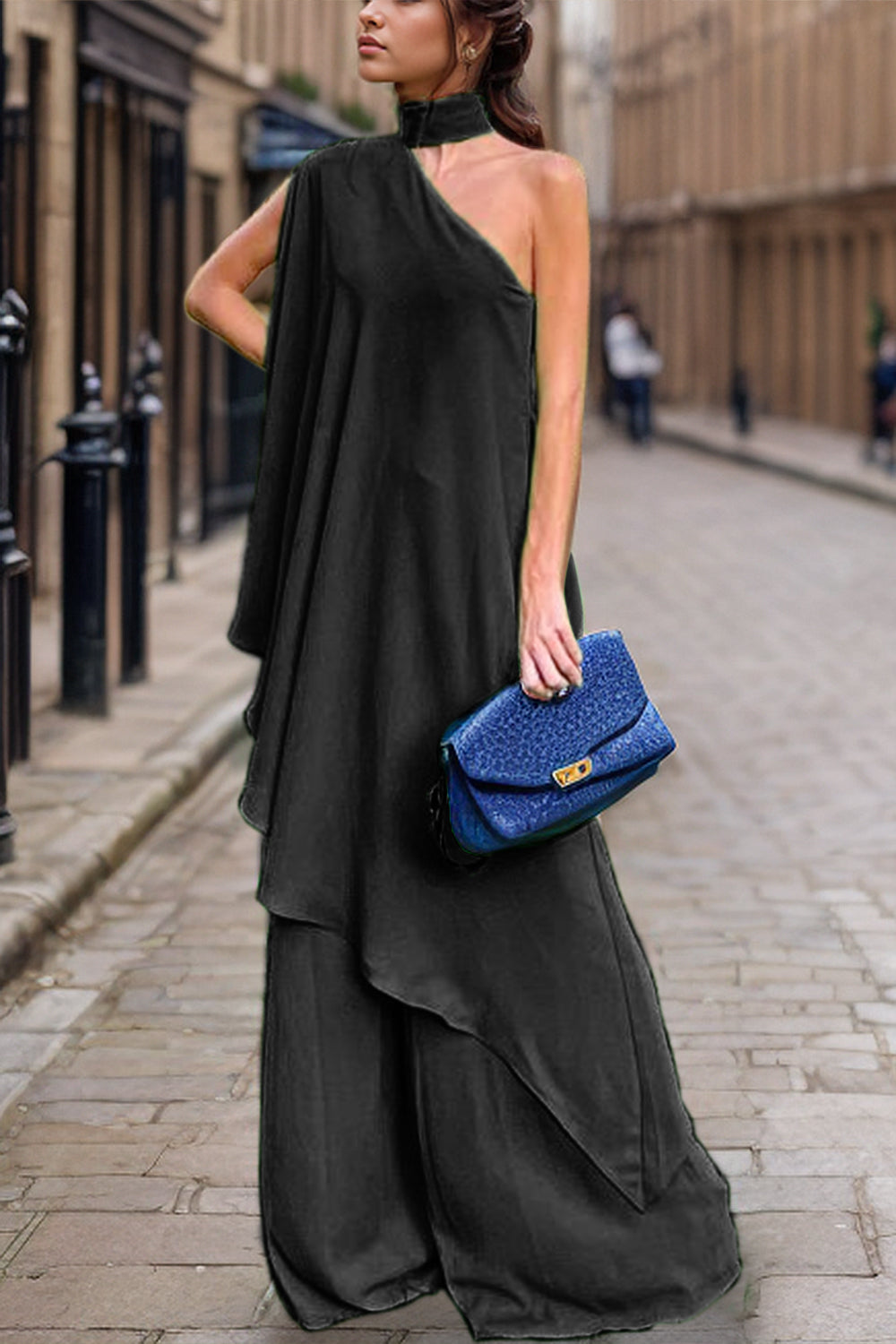 Mock Neck Single Shoulder Set