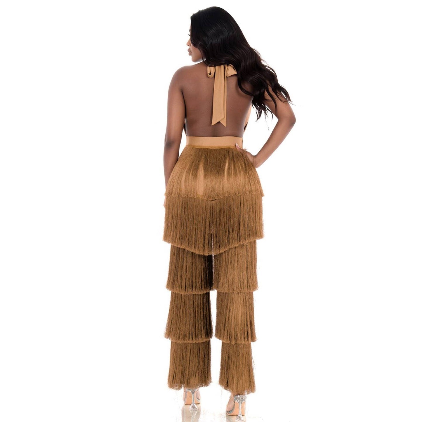 Open Back Halter Neck Fringe Jumpsuit