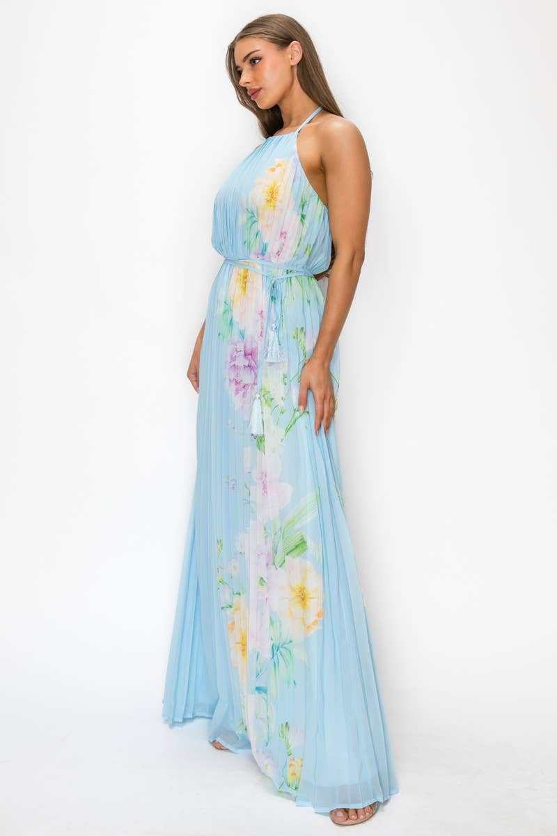 FLORAL PRINTED  OPEN BACK PLEATED MAXI DRESS
