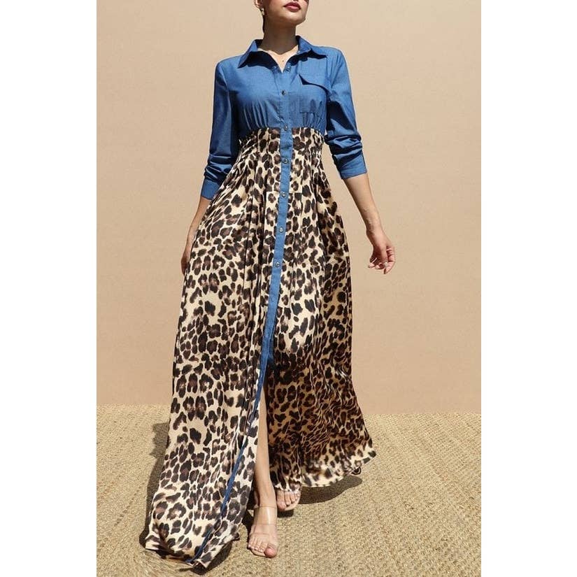 DENIM AND LEOPARD MAXI DRESS