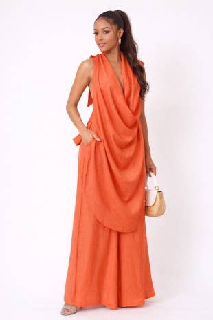 Sleeveless Draped Halter Top And Wide Leg Pants Set