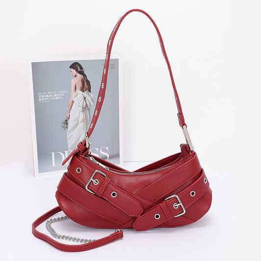 Faux Leather Multi Buckles Shoulder Bag