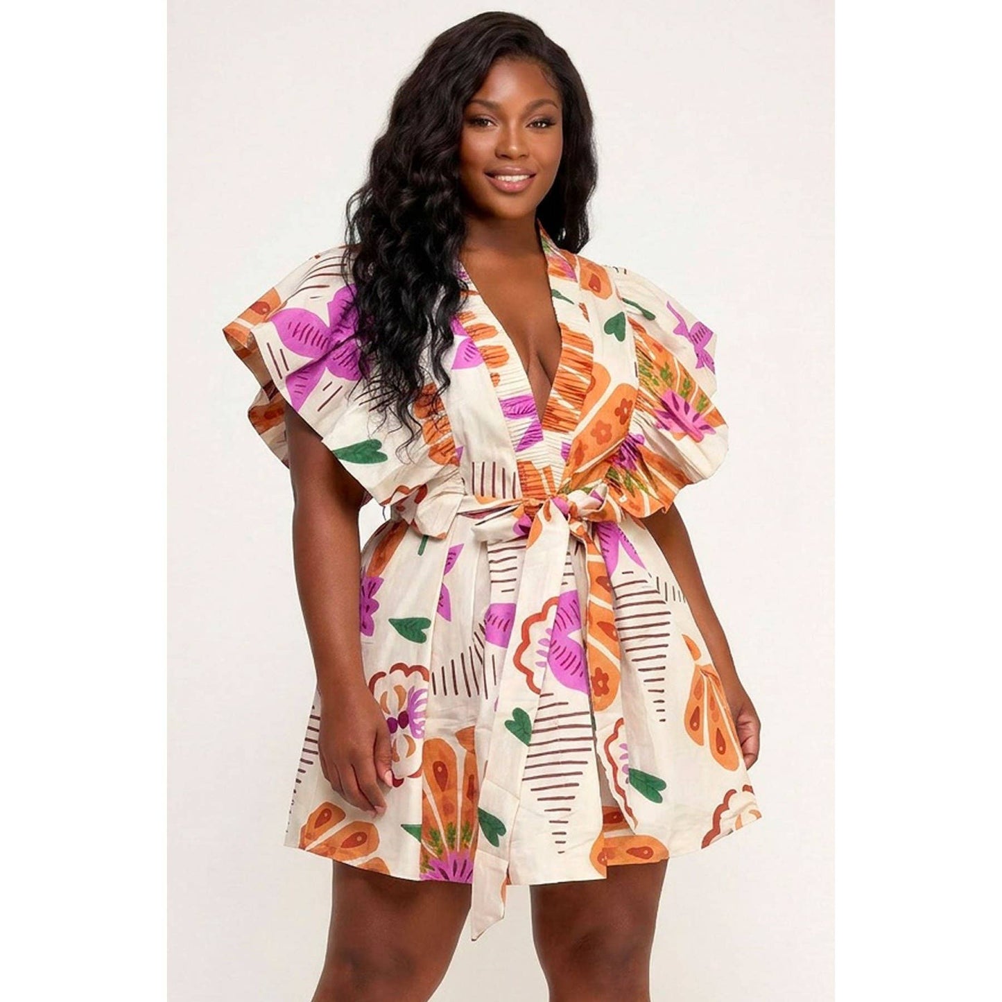 Deep V-Neck Ruffle Sleeve Waist Tie Wrap Mini Dress