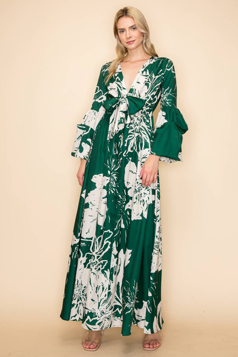 PRINTED V NECK MAXI DRESS