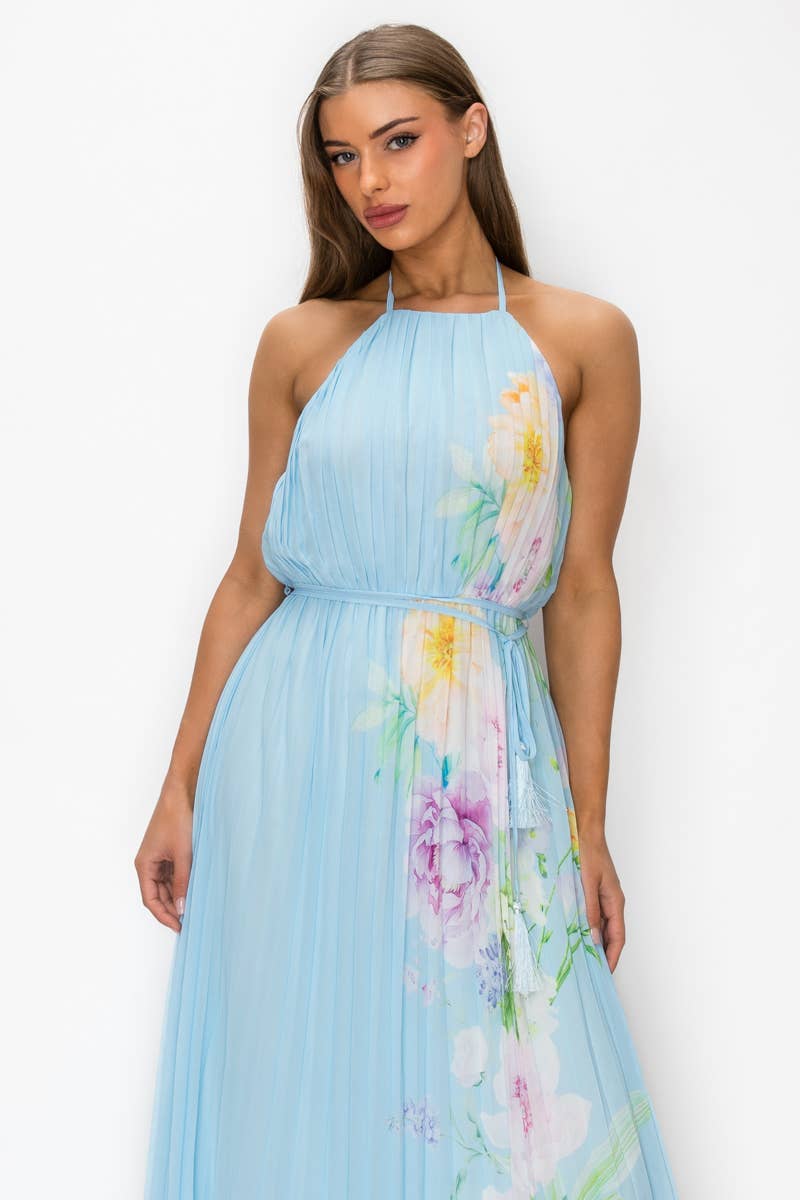 FLORAL PRINTED  OPEN BACK PLEATED MAXI DRESS