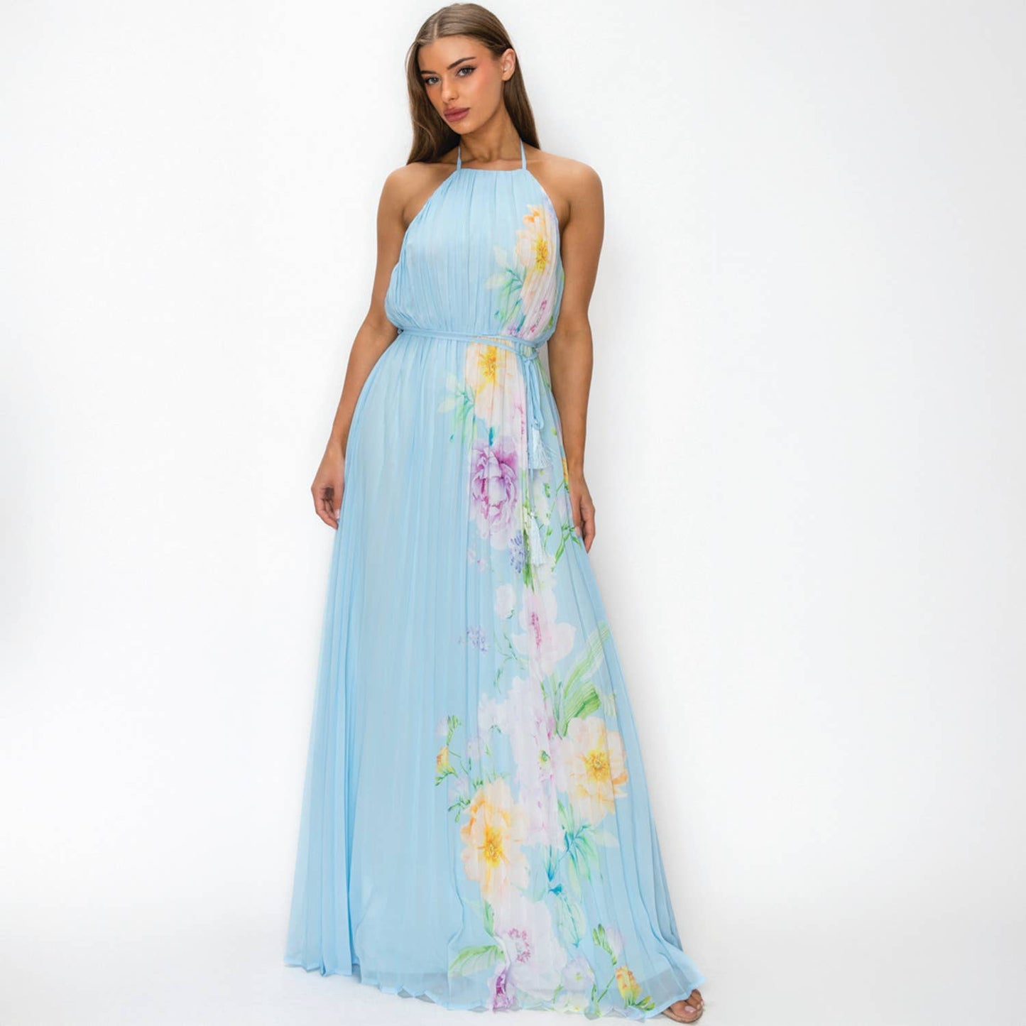 FLORAL PRINTED  OPEN BACK PLEATED MAXI DRESS