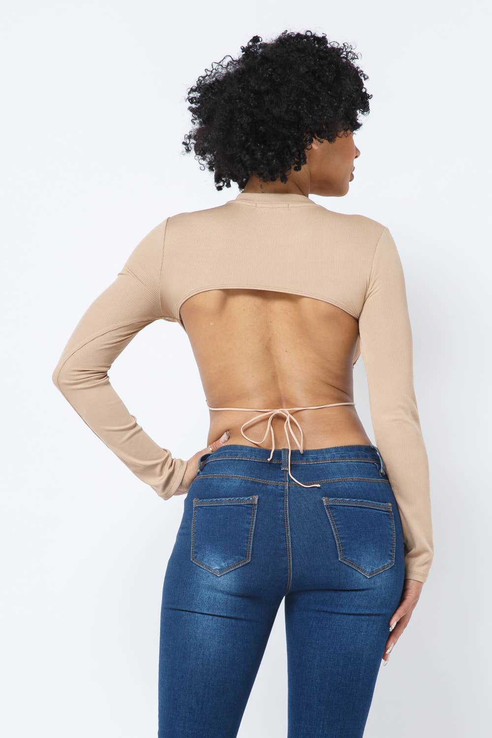 Open Back Tie Long Sleeve Crop Top