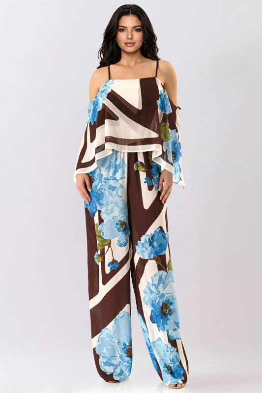 Floral Cape Sleeve Jumpsuit