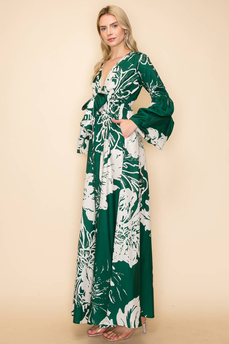 PRINTED V NECK MAXI DRESS