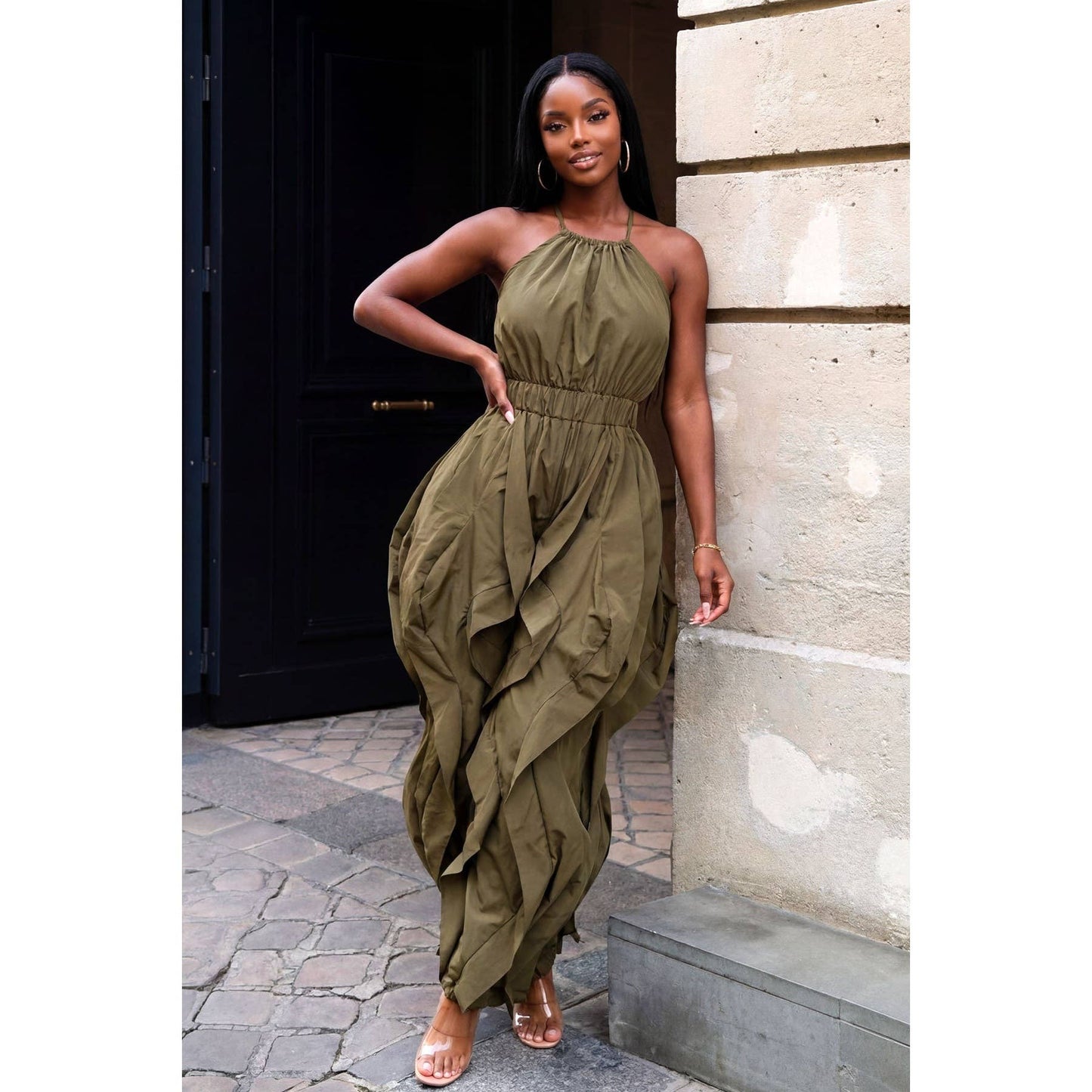 Halter Neck Open Elastic Back Wide Ruffle Leg Jogger Jumpsui