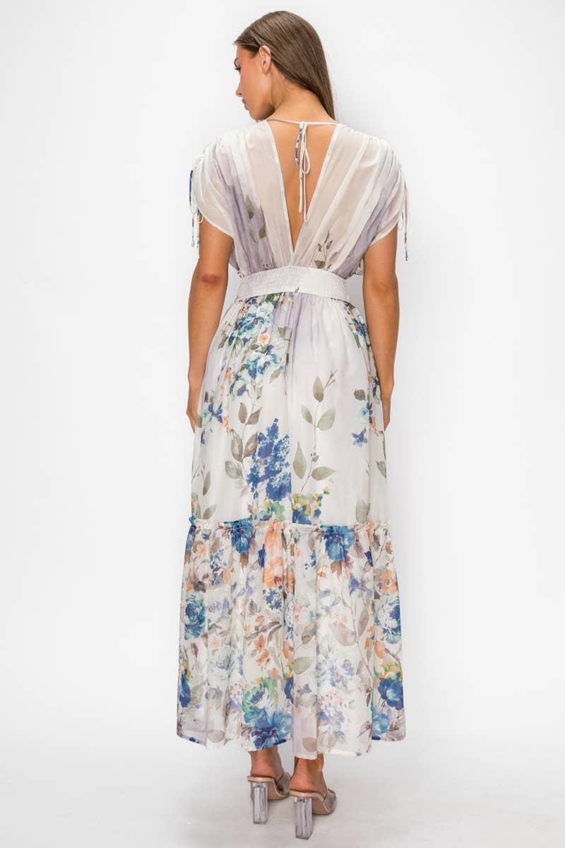 Floral Chiffon Surplice Maxi Dress with Smocked Waist