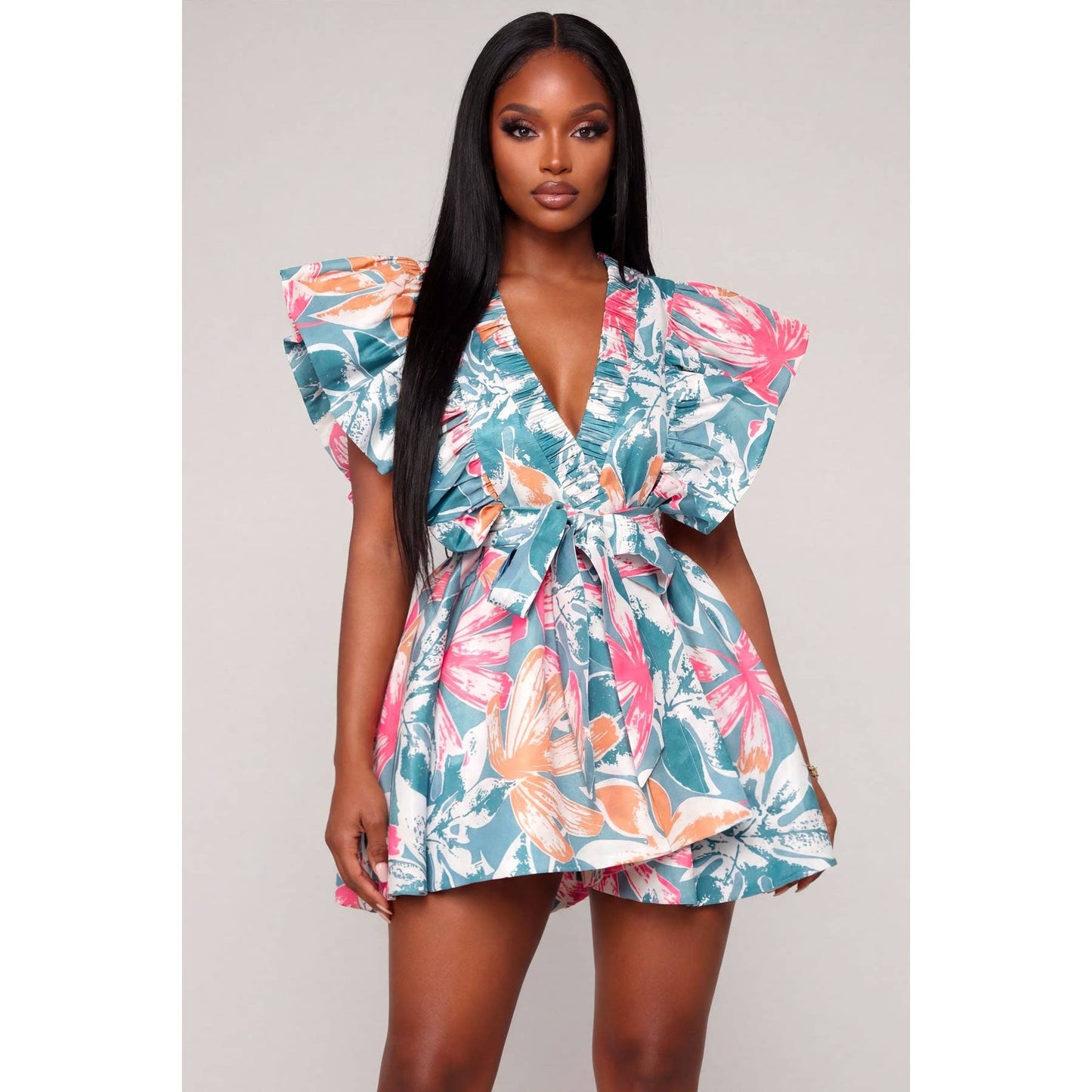 Deep V-Neck Ruffle Sleeve Waist Tie Wrap Mini Dress