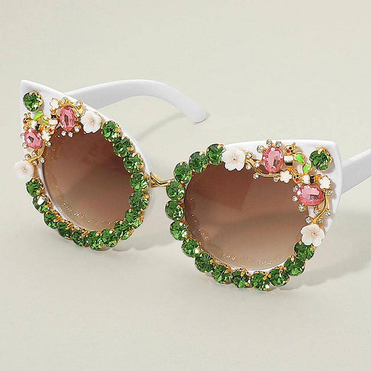 Floral Vine Stone Embellished Cat Eye Frame Fashion Sunglasses