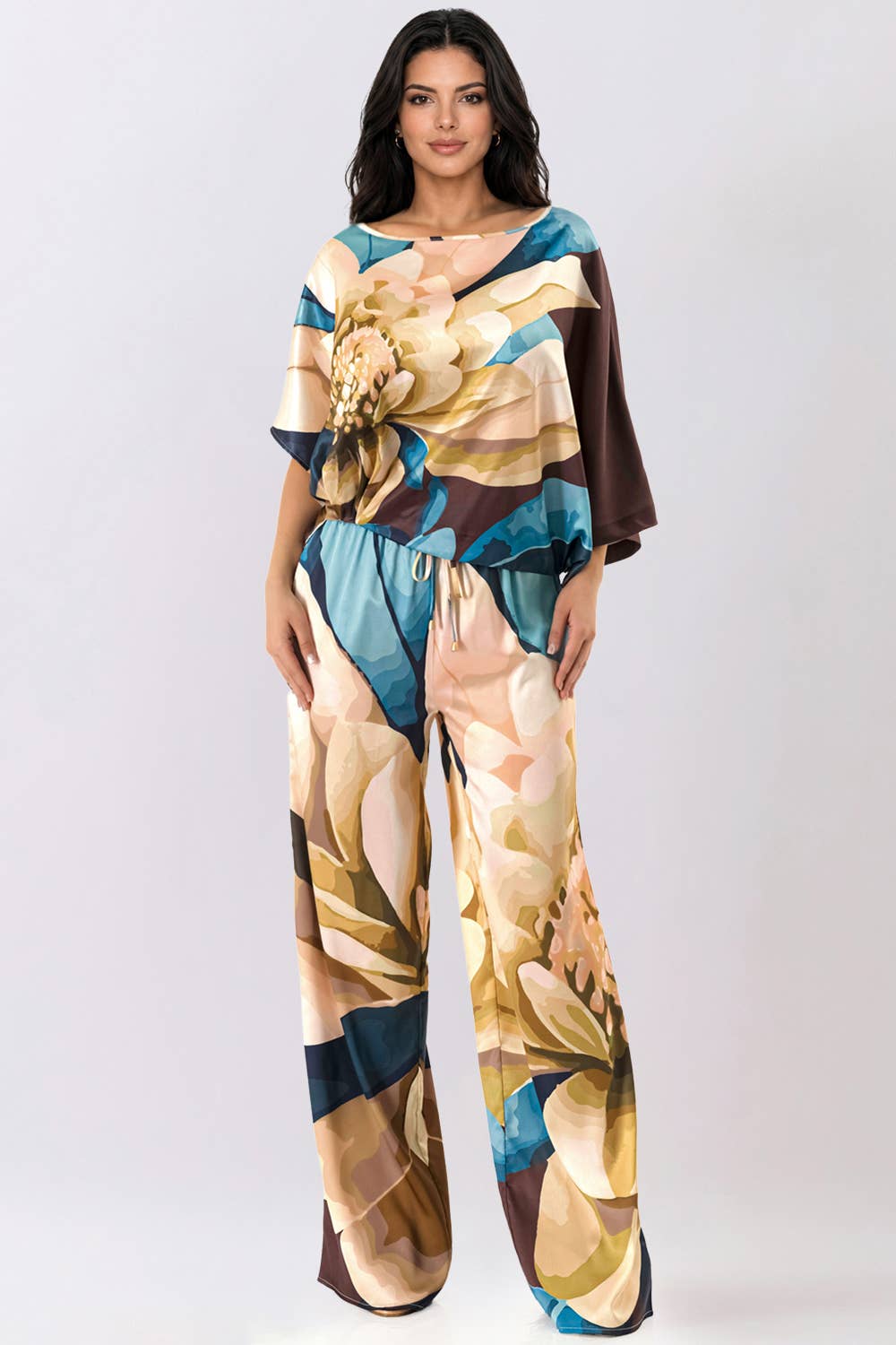 Floral Satin Blouse & Wide Pants Set