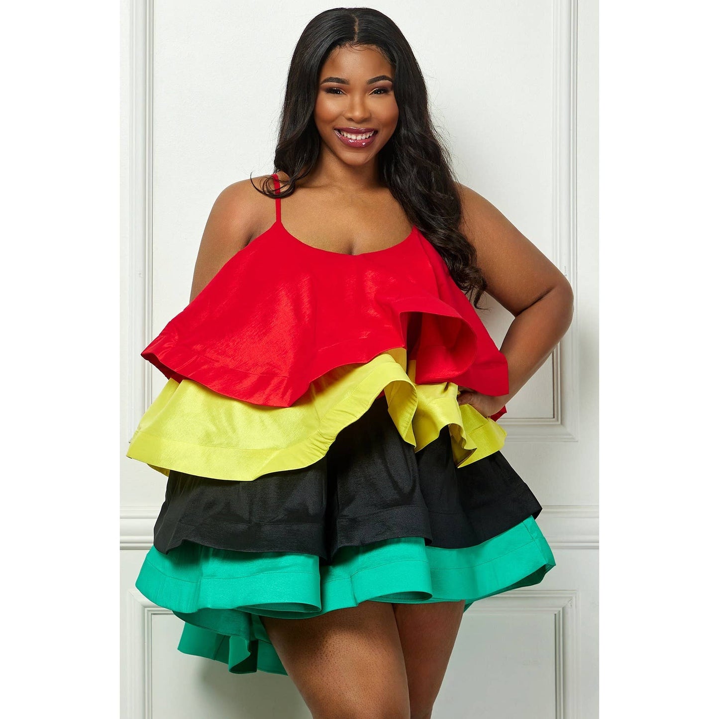 Plus Spaghetti Straps Tiered Flare Mini Dress