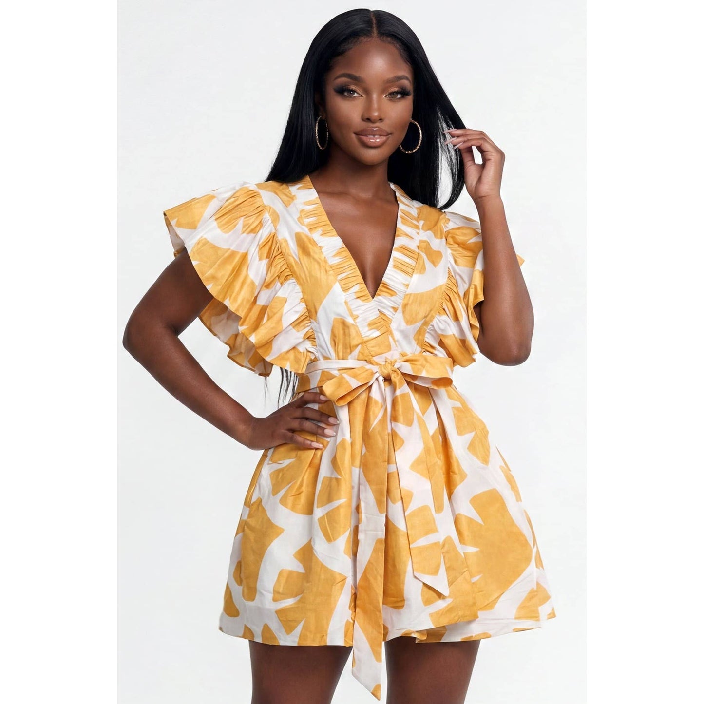 Deep V-Neck Ruffle Sleeve Waist Tie Wrap Mini Dress