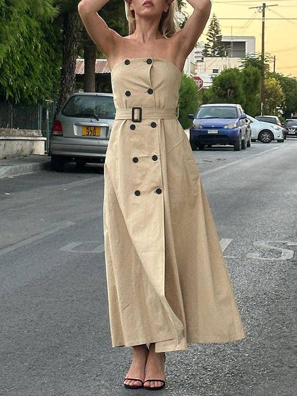 A-Line Loose Belted Buttoned Tube Maxi Dresses