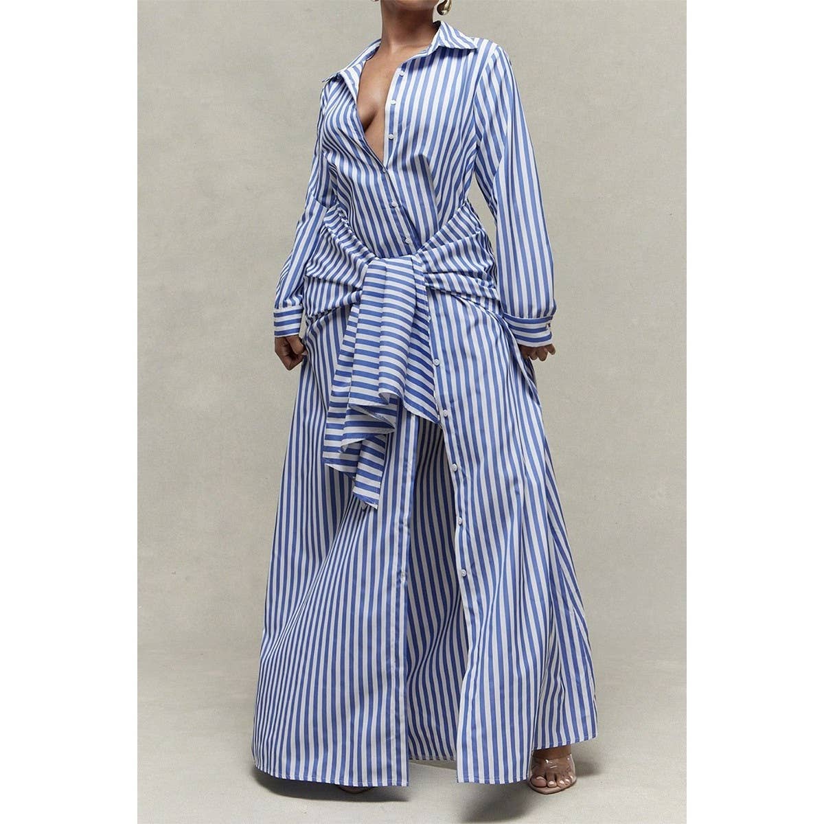 Pinstripe Woven Shirt Tie Waist Maxi Dress