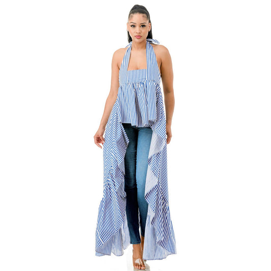 Tie Halter Neck Ruffled High Low Asymmetrical Hem Top