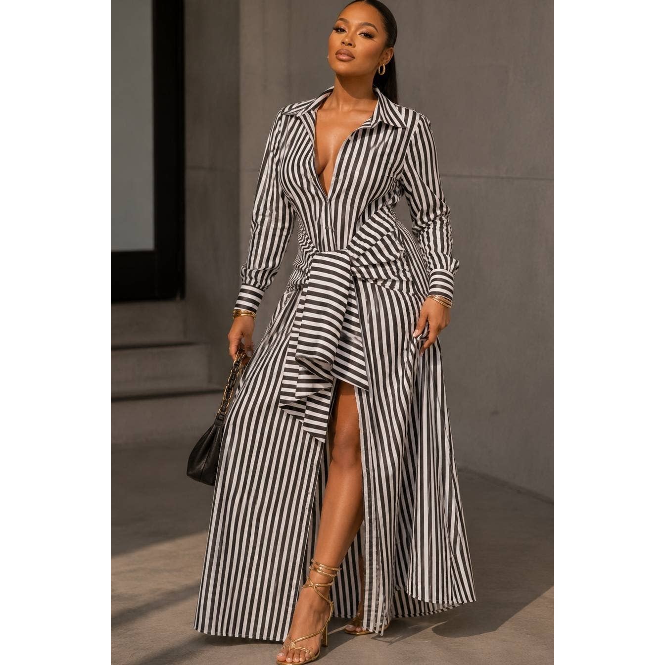Pinstripe Woven Shirt Tie Waist Maxi Dress