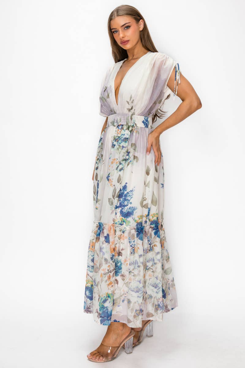 Floral Chiffon Surplice Maxi Dress with Smocked Waist