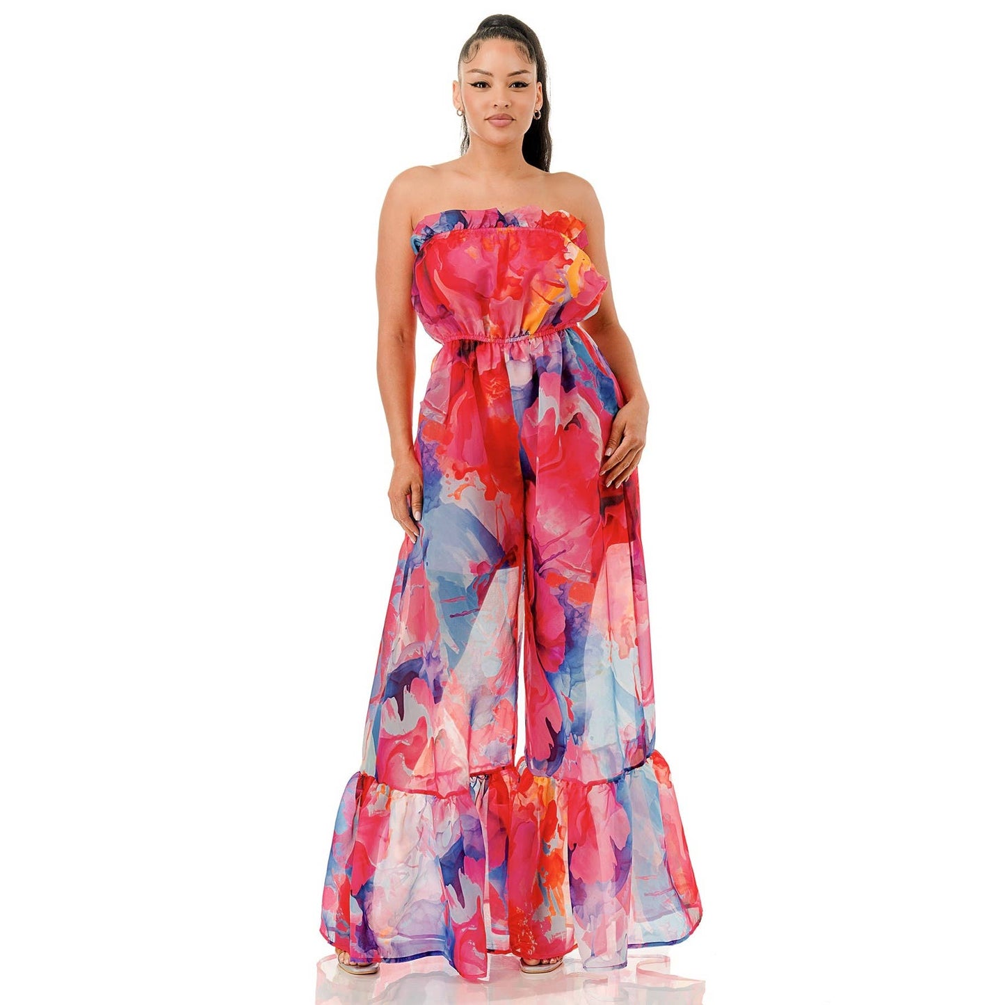 Plus Size Strapless Ruffle Hem Wide Leg Palazzo Jumpsuit