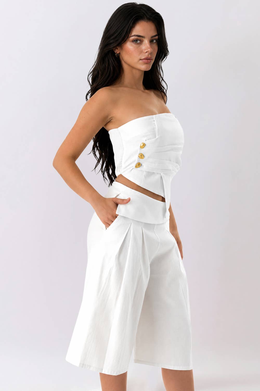 Gold Button-Up Strapless Bandeau Top and short set