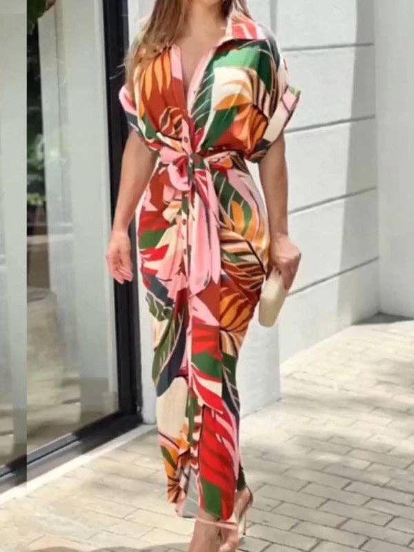 Loose Short Sleeves Pleated Printed Tied Waist Lapel Maxi Dresses