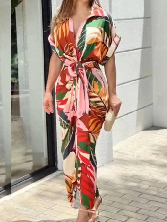 Loose Short Sleeves Pleated Printed Tied Waist Lapel Maxi Dresses