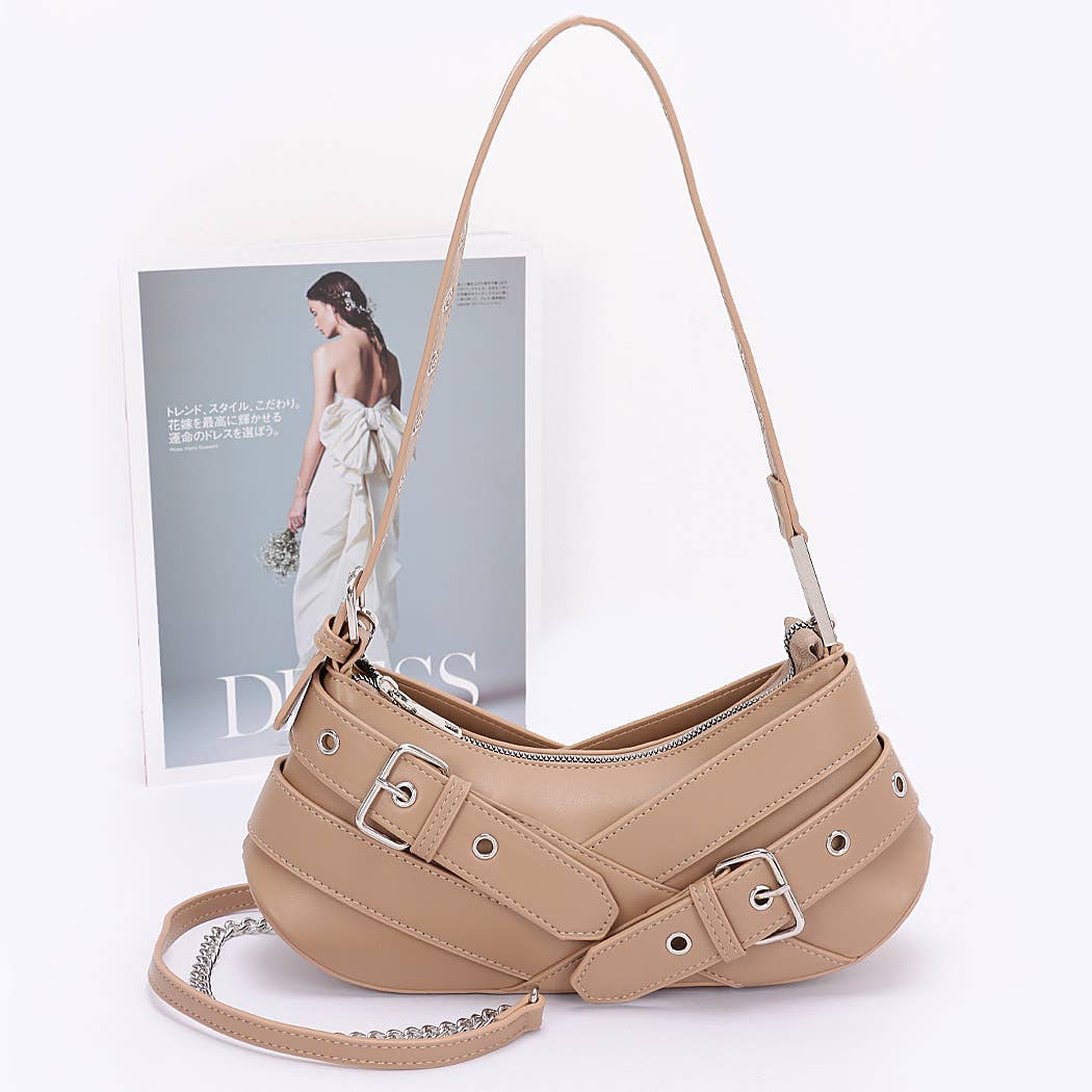 Faux Leather Multi Buckles Shoulder Bag