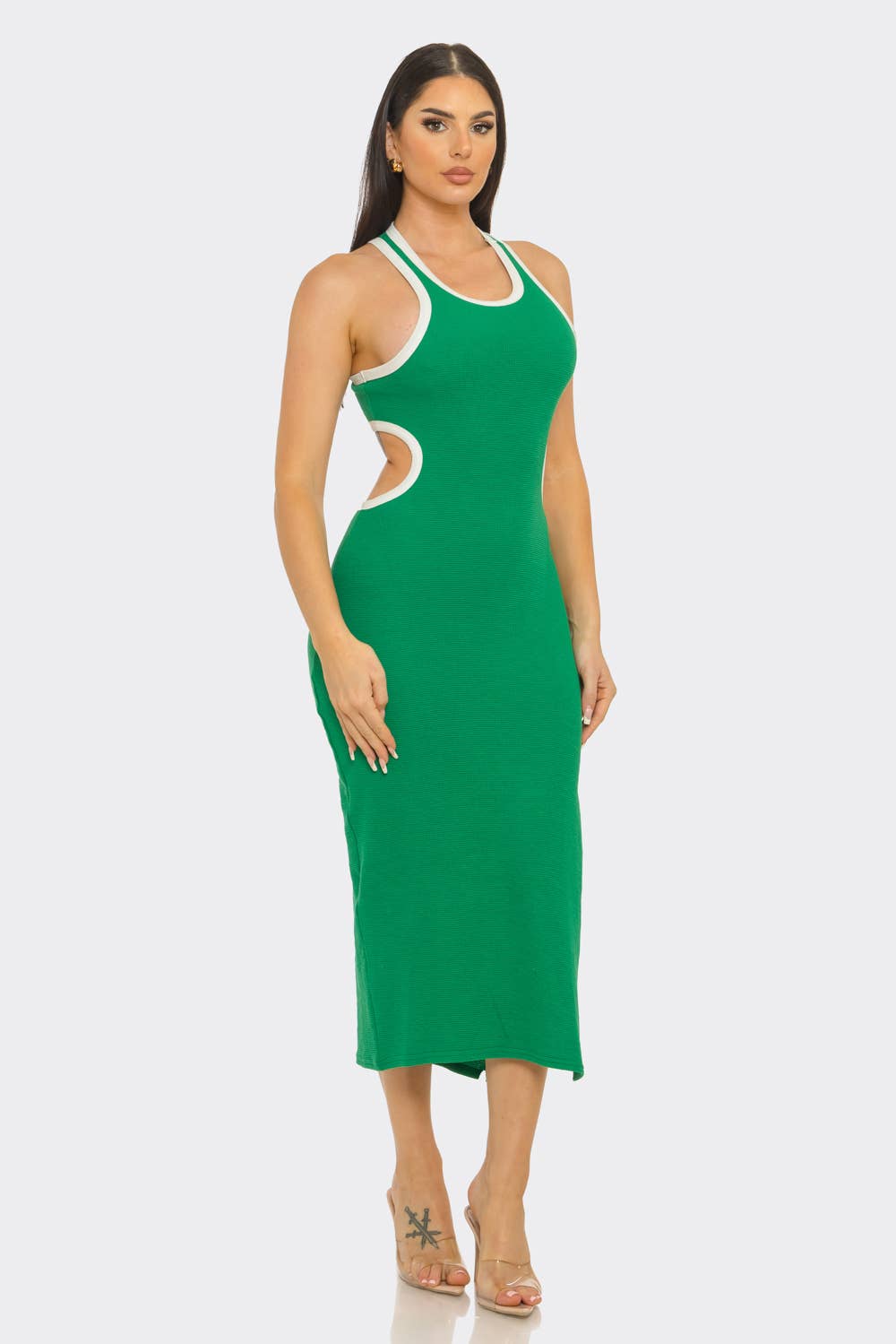 Round Neck Open Back Detail Side Slit Maxi Dress